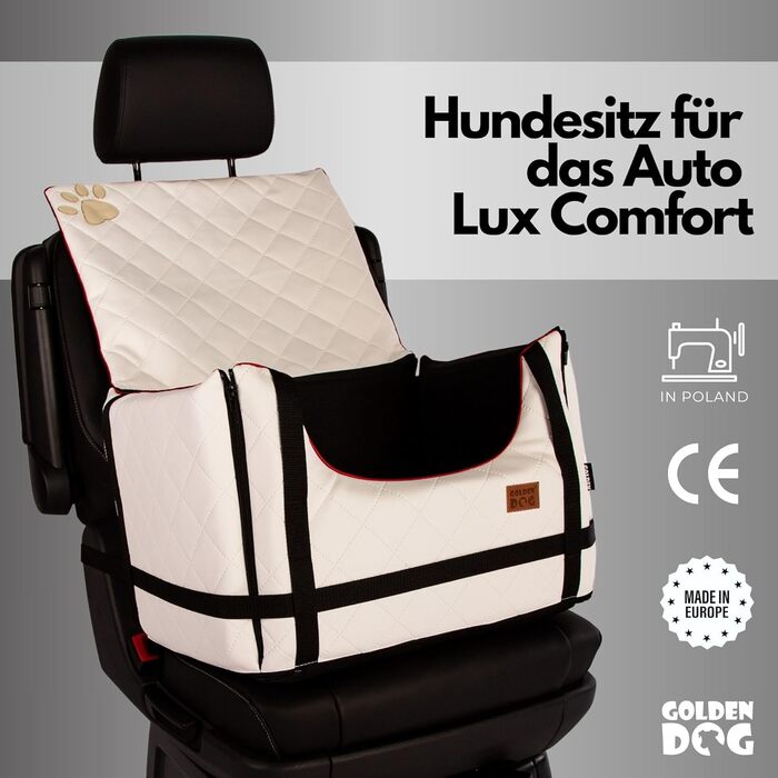 Автомобільний лежак для собак Golden Dog з підсумком та ременем безпеки - 52x44x33 см, шкіра, білий