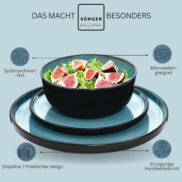 Набір посуду SÄNGER Vigo (18 предметів) | Керамічний набір посуду на 6 осіб | Тарілки, миски, десертні тарілки | Bluе з чорним бордюром, стійкий до подряпин