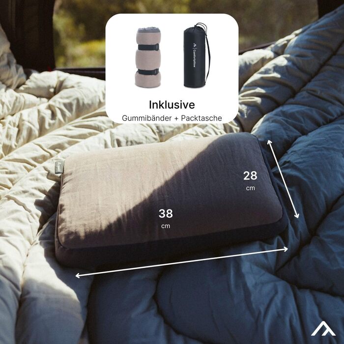 qeedo Comfort Pillow - Compact Travel Pillow made of Memory Foam (38 x 28 cm), Compressible, Washable Polyester Cover, Camping Pillow, for Camping, Car, Train or Flight Travel