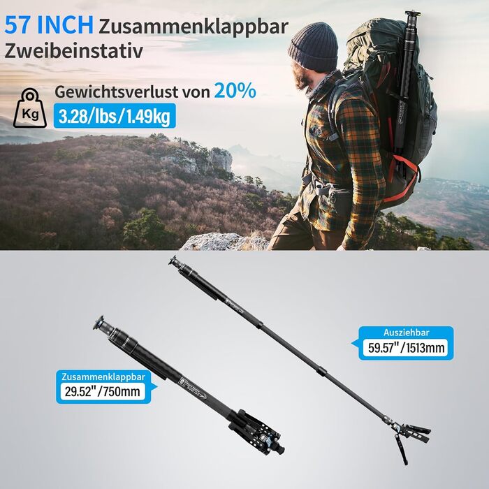 SIRUI SVM-145 монопод для камери з ніжками, 145 см, карбонове, для DSLR/Camcorder, до 10 кг