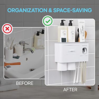 HubiCare Toothbrush Holder with Toothpaste Dispenser Wall Mount for Bathroom, Automatic Toothpaste Press, Bathroom Organization and Storage, 5 Toothbrush Slots (2 Cups)