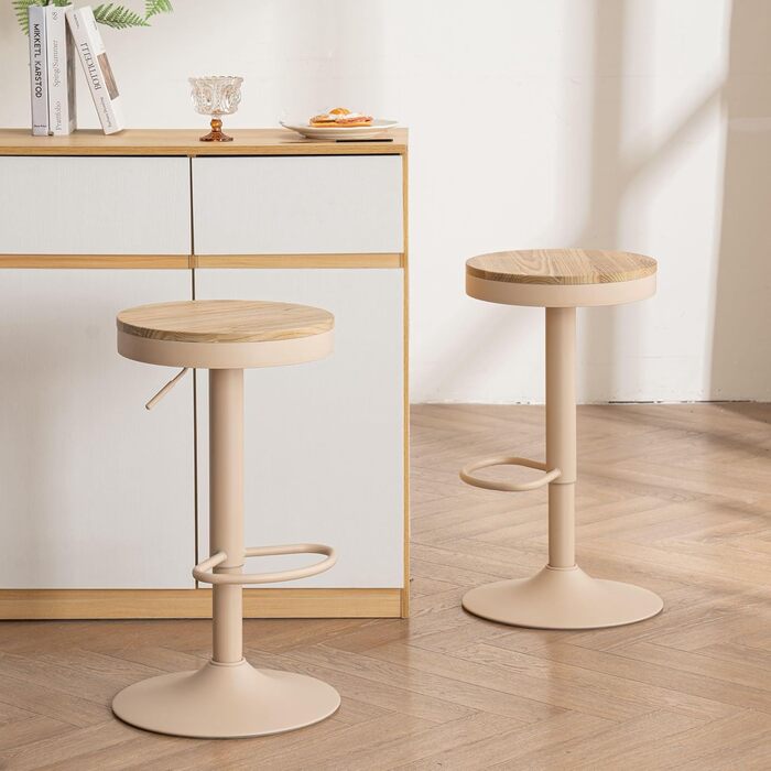 YOUNIKE Adjustable Bar Stools 2-Pack - Wooden Swivel Counter Height Chairs with Footrest for Kitchen & Bar (Vintage, Khaki)
