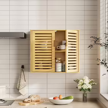 HITNET Bamboo Hanging Cabinet White, Bathroom Wall Cabinet Hanging, Medicine Cabinet over Toilet with Adjustable Shelves, Bathroom Cabinet Wall Mount (Natural)