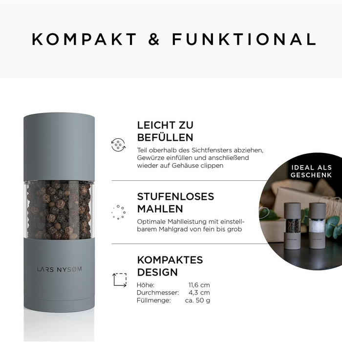 LARS NYSØM Salt and Pepper Grinder Set made of Stainless Steel with Adjustable Ceramic Grinder 2 Pieces | Manual Spice Mills with High-Quality Design (2 pcs) (Ash Gray)