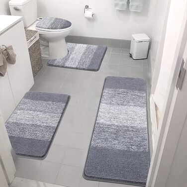 Enyhom 4-Piece Microfiber Bath Mat Set - Non-Slip Bathroom Rugs & Toilet Lid Cover (Grey, 45x65cm, 45x120cm, 50x60cm, 48x53cm)
