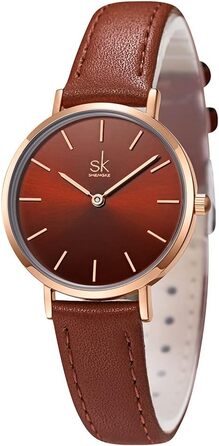 SK Ультратонкий мінімалістичний жіночий годинник з двома стрілками. Колір: Кофе. Регульований ремінець з натуральної шкіри.