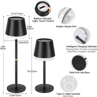 Світлодіодний настільний світильник OUTON з акумулятором, USB-C, 4000mAh, 3 режими освітлення, димування, сенсорне управління, чорний (2 шт)
