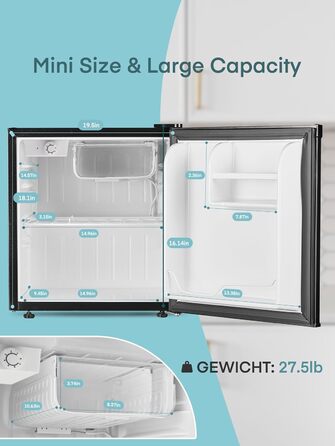 Міні холодильник 46 л з відділенням для льоду, тиха робота 42 дБ, регулювання температури, для кухні, офісу, спальні, готелів та маленьких квартир (колір нержавіюї сталі)