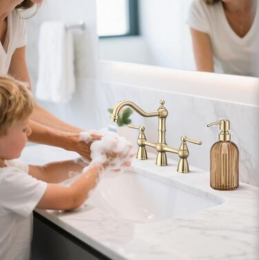 Дозатор для мила з бурштинового скла, 473 мл, з бурштиновими смугами, з помпа золотого кольору, для ванної кімнати та кухні