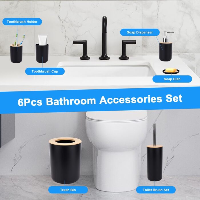 Bathroom Accessories Set - 6Pcs Bathroom Accessories Set made of Bamboo, Lotion Bottles, Toothbrush Holder, Tooth Cup, Soap Dish, Toilet Brush, Trash Can (Set of 6)