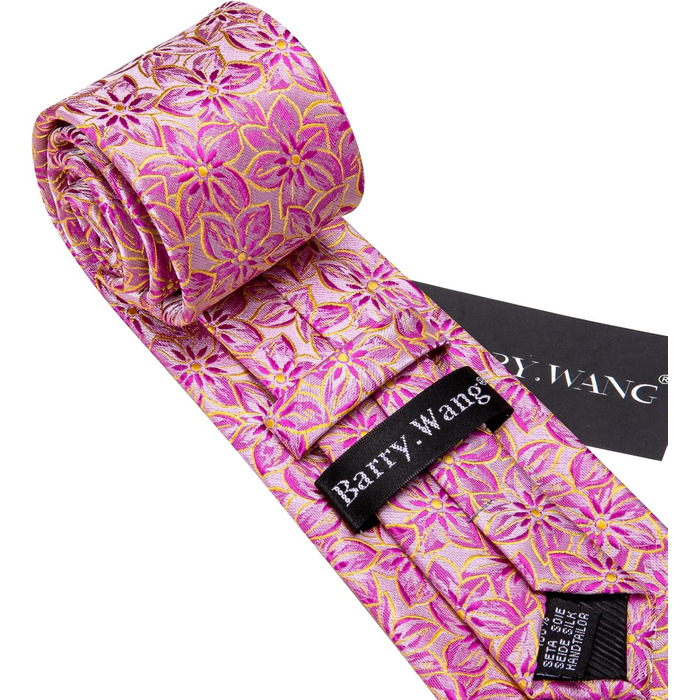 Набір краваток Barry.Wang: краватка, кишеньковий хустинка та запонки. Офісний стиль, рожевий колір з квітковим візерунком для весілля