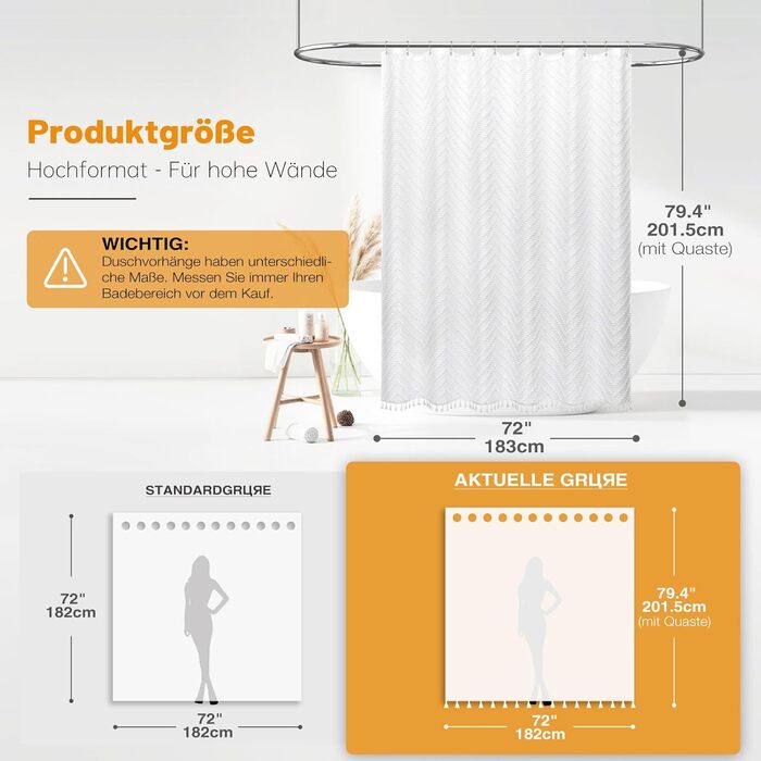 Штора для душу BTTN 180x200 см, бохо-стиль, бежева з пензликами, водонепроникна, з 12 гачками