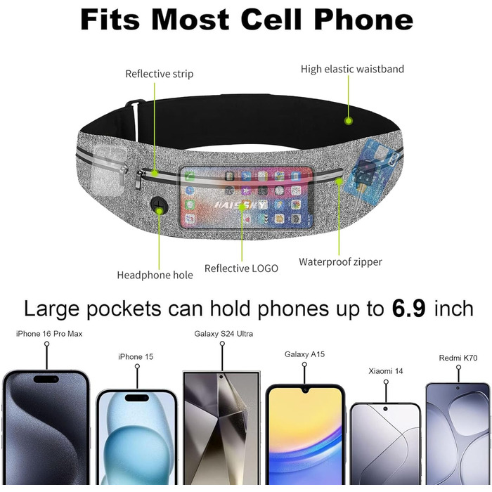 Сумка на пояс Haissky для бігу та спорту: чорна/сіра, для телефону до 6.9 дюймів