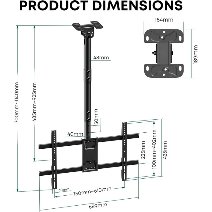 Adjustable & Tilting TV Ceiling Mount - Full Motion, VESA 600x400, Up to 86 Inch TVs, 60kg Weight Capacity