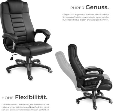 Офісний крісло Tectake, крісло для шефа, поворотне крісло на колесах, комп'ютерне крісло, регульоване по висоті, ергономічне крісло з екошкіри, з підлокітниками та функцією гойдання, 12 см підкладки - чорне