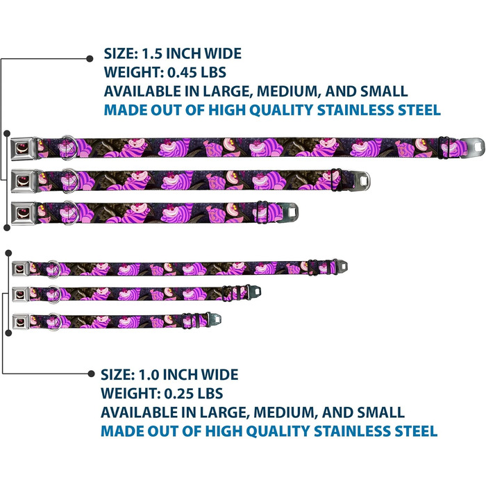 Нашийник для собак Buckle-Down з пряжкою - Cheshire Cat Tree Poses, ширина 2.5 см, розміри M (11-17 см), L (15-26 см)