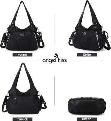 Сумка жіноча AngelKiss через плече, чорна, PU шкіра, водонепроникна, багатофункціональна з кишенями на блискавці