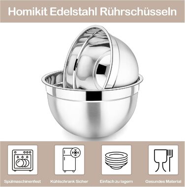 Homikit Mixing Bowls, 7-Piece Stainless Steel Bowl Set with Airtight Lid, Stackable Salad Bowl for Cooking/Baking/Serving, Dishwasher Safe, 6.5/4.5/2.7/2.5/1.5/1.2/0.7L, Khaki