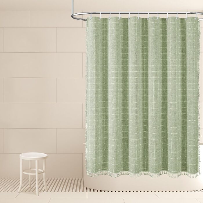 Штора для душу м'ятного кольору в стилі бохо - льон, 72x78 дюймів (183x193 см) з китицями