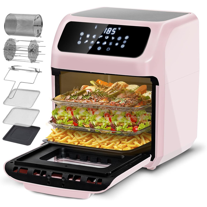 LLIVEKIT Convection Oven 12 L, 12-in-1 Digital Air Fryer for Family, 360° Hot Air Circulation, Mini Oven, Oil-Free Dehydrator, 90 Min. Timer, Cookbook & 6 Accessories, 1800 W 12L Pink