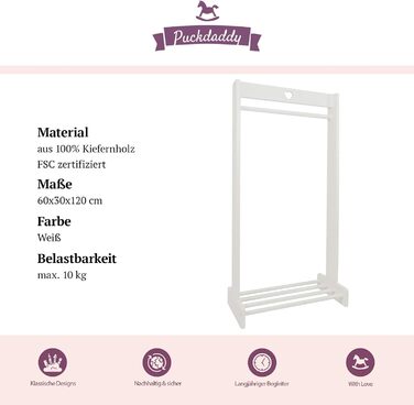 Puckdaddy Svetje | Clothes Rack 60x30x120 cm | Clothes stand made of pine wood in vintage design in white | Modern coat rack for baby and children's rooms | With practical shoe storage