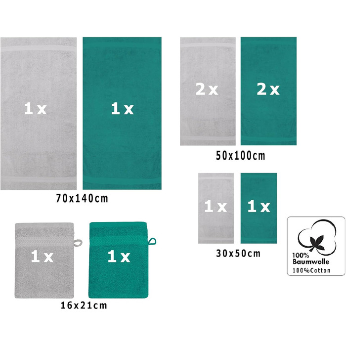 Набір рушників Betz 10 предметів, преміум якість, 100% бавовна, сірий та сріблястий (смарагдово-зелений та сріблястий)