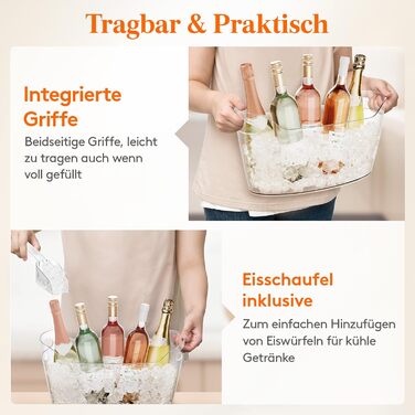 Охолоджувач для пляшок Lifewit 6,5L з лопаткою для льоду, пластиковий ведерко для шампанського (38 × 18 × 20cm), великий барний кулер з ручками для вина, пива, шампанського, напоїв, контейнер для фруктів та овочів