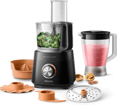 Philips Viva Collection Compact Food Processor - 800 W, with PowerChop Technology, 29 Functions, 2-in-1 Disc, Citrus Press, Black (HR7510/10) 800 Watt, 29 Functions