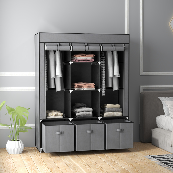 HOMCOM Folding Wardrobe, Fabric Closet, Zipped Folding Cabinet, Non-woven Fabric, Dark Grey, 125x43x162.5cm | Aosom