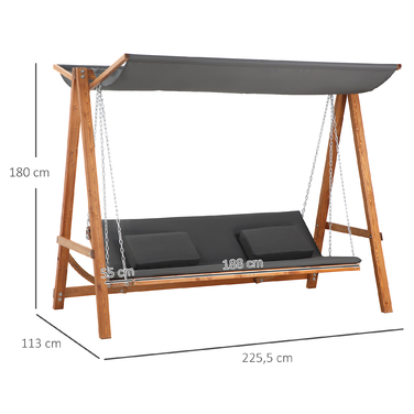 Outsunny 2-Seater Hollywood Swing with Bed Function, Garden Swing with Canopy, Wooden Garden Swing, 225.5 x 113 x 180 cm, Grey, Teak