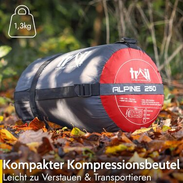 Легкий 3-сезонний спальний мішок Trail Alpin з капюшоном та компресійним мішком, 250 г, червоний