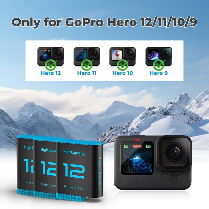 Зарядний комплект для GoPro Hero 12/11/10/9 Black: 2 акумулятори 2580mAh + триканальна зарядка з LED-індикатором
