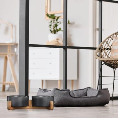 Миска для собак Relaxdays з кераміки, 850 мл, для корму та води, з бамбуковим каркасом, білий колір, розміри: 9 x 32 x 17 см