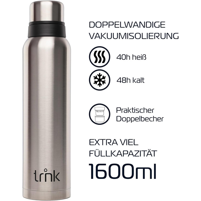 Термос Outdoor Polar 2 - 1600 мл, нержавіюча сталь, BPA-free, зберігає тепло 40 годин, 2 кришки-чашки, для посудомийної машини (лісовий зелений, штормовий срібло)