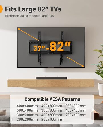 Настінне кріплення для телевізора Perlegear, похиле, 37-82 дюйми, LED/LCD/OLED/Plasma, VESA 600x400, до 60 кг