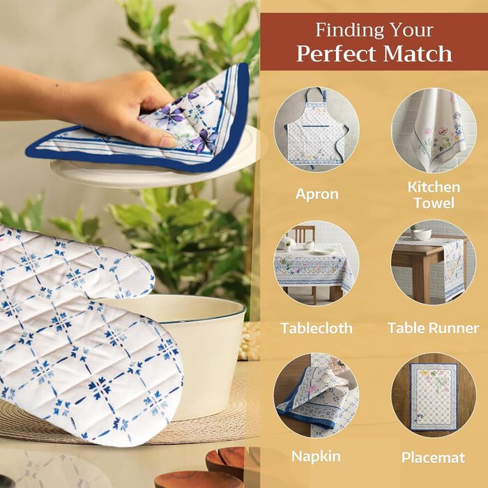 Maison d' Hermine Faience Oven Mitt + Pot Holders, 100% Cotton, Heat Resistant, Kitchen Oven Mitt (19.1 x 33 cm) and Pot Holders (20.3 x 20.3 cm) for Cooking, Grilling, Spring/Summer
