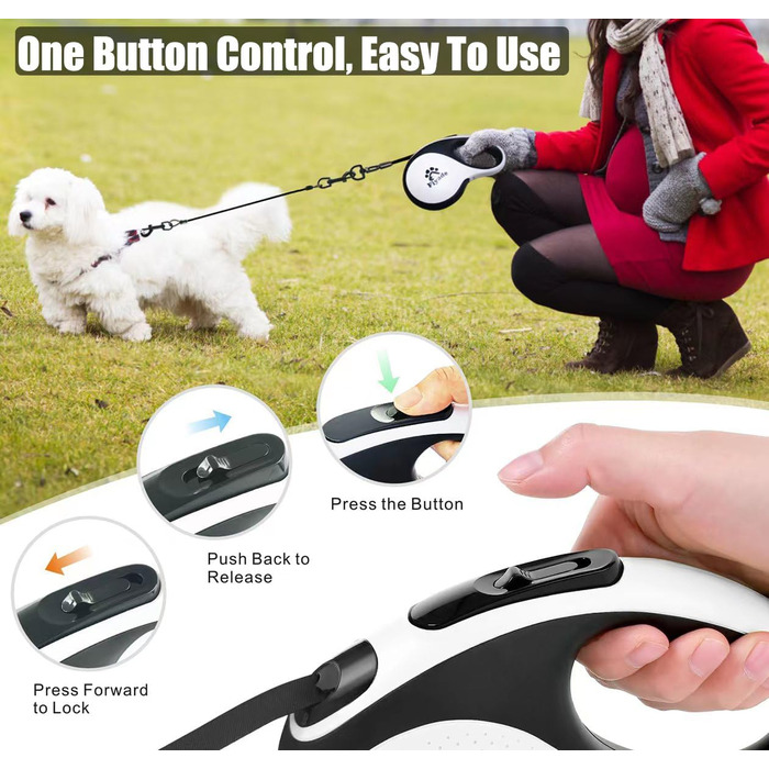 Висувна поводок для собак, 5 м, подвійний поводок для 2 собак, для собак середніх та великих порід до 50 кг, білий та чорний