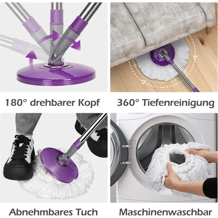 MASTERTOP Набір для миття підлоги з відром, моп з нержавіючою сталею та 3 мікрофібровими накладками, професійний набір для миття підлоги з відром та функцією віджиму - фіолетовий