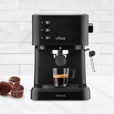 Ufesa Sienna Espresso Machine and Cappuccino Semi-Automatic Machine with Milk Frother, 20 Bar Pressure, Digital Touch Panel, 1360W, for Coffee Grounds or ESE Pads, 0.9L Water Tank, Silver (1050W | BLACK)