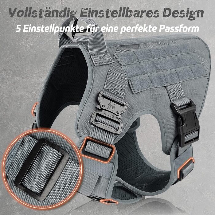 Шлейка для собак Rabbitgoo для великих собак без натягу, тактична, з MOLLE, металеві пряжки, дихаюча, військова, регульована, з підкладкою, L (1 шт., сіра)