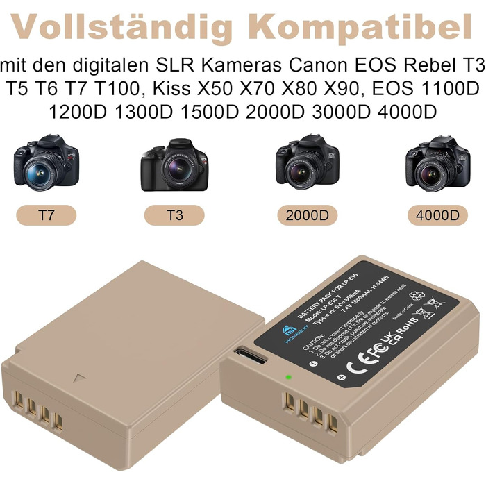 Комплект Homesuit: 3 акумулятори LP-E10 1600mAh та LCD-зарядний пристрій на 3 слоти для Canon EOS 1100D, 1200D, 1300D, 1500D, 2000D, 3000D, 4000D, Rebel T3, T5, T6, T7, T100, Kiss X50, X70, X80