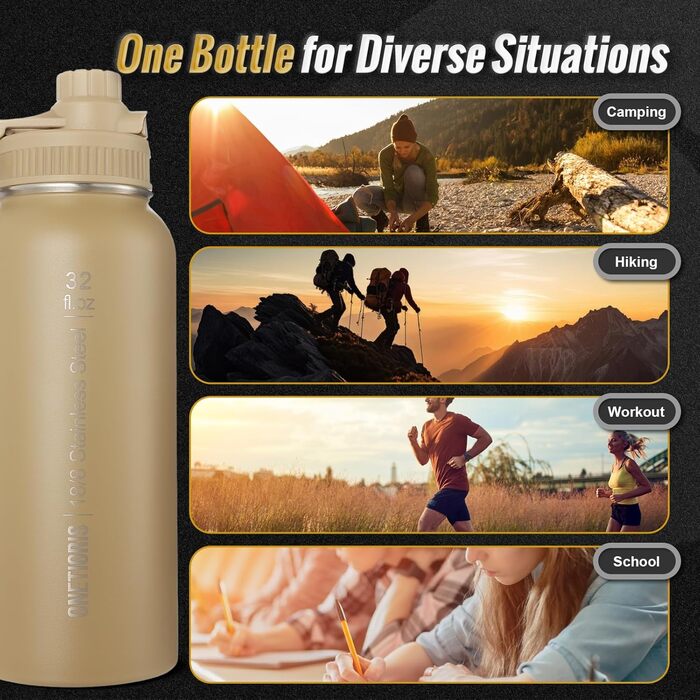 OneTigris Stainless Steel Water Bottle, 0.9L High Capacity, Insulated Sports Bottle for Cycling, Camping, Yoga, Gym, Softair, 32oz (Camo)
