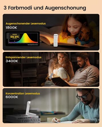LED лампа для читання Glocusent з кріпленням, 3 кольори, 5 рівнів яскравості, акумулятор, для дітей (Altweiß)