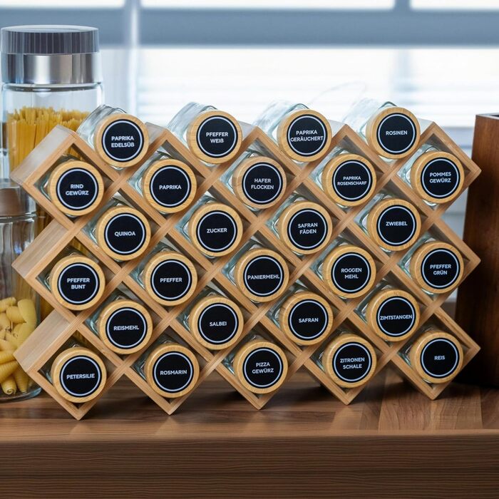 Стильна бамбукова полиця для спецій Adabor - органайзер з 27 скляними баночками, кришками та 144 етикетками