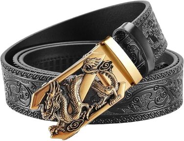 Чоловічий шкіряний ремінь з гравіюванням, вінтажний, з логотипом дракона, автоматична застібка, чорний, 122.5 см