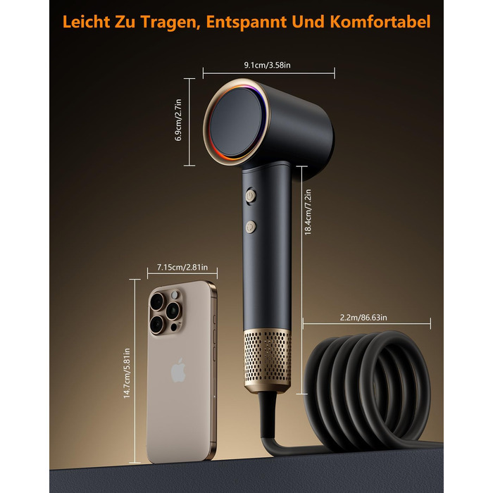 Іонський фен Föhn 200 мільйонів іонів, швидкий сушар для волосся 110 000 об/хв, компактний фен для подорожей, дому, салону. 3 температурні режими та 2 швидкості, концентрат. Сірий колір