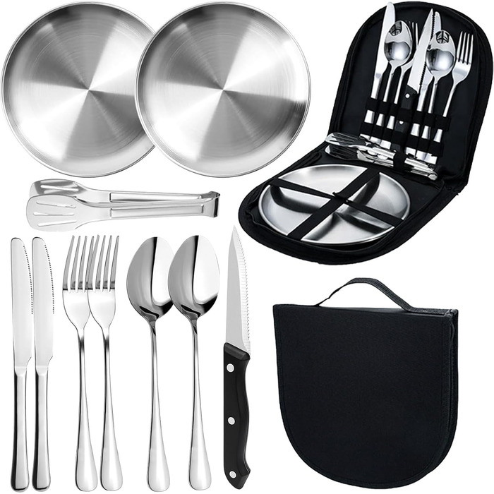 Набір посуду для кемпінгу MOMAHUA на 2 особи (10 шт.): нержавіюча сталь, для пікніків та подорожей. Включає сумку для багаторазового використання.