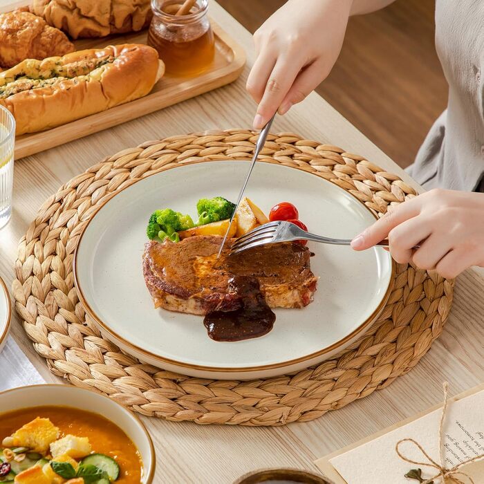 Набір посуду на 6 осіб Vancasso RENO 24 шт. з каменю, сучасний сервіз: тарілки для їжі, супу, десерту, миски. Підходить для миття в посудомийній машині та використання в мікрохвильовій печі. (Бежевий, 36 шт.)