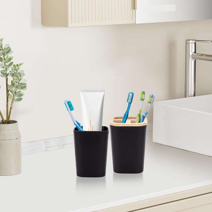 Bathroom Accessories Set - 6Pcs Bathroom Accessories Set made of Bamboo, Lotion Bottles, Toothbrush Holder, Tooth Cup, Soap Dish, Toilet Brush, Waste Bin