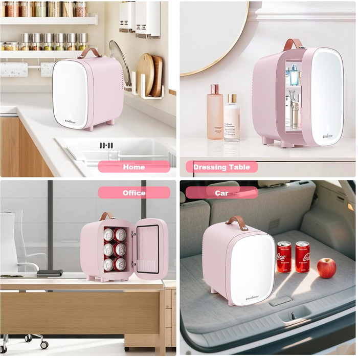 Mini-холодильник Enventor 4L (6 банок) з LED-дзеркалом, охолодження/нагрівання, рожевий